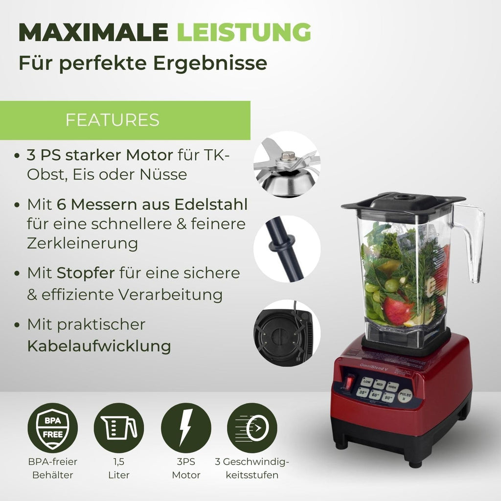 OmniBlend Frullatore 2L nero I Frullatore per smoothie con contenitore senza BPA e sistema a 6 lame in acciaio inox I Frullatore ideale per smoothie verdi I Frullatore da tavolo con motore da 3 CV