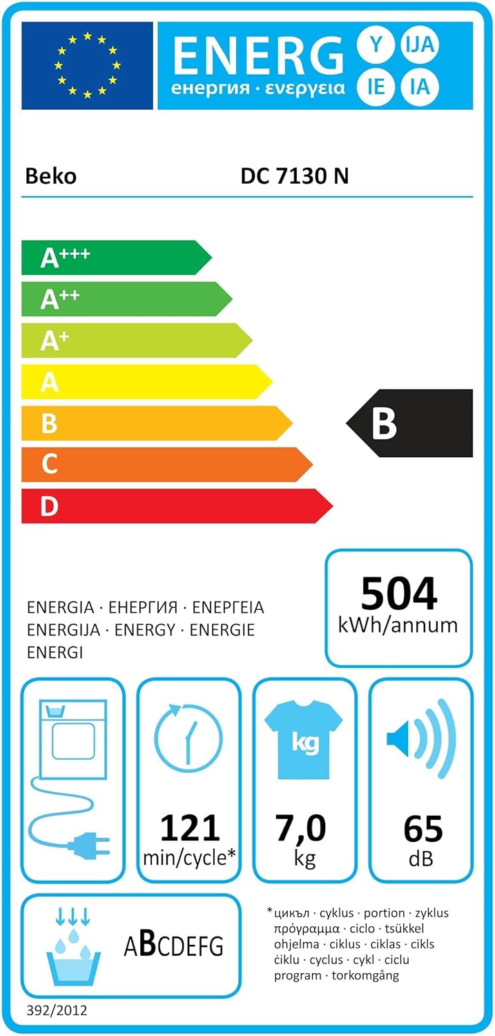 Beko DC 7130 N b100 Asciugatrice a condensazione, 7 kg, Sensore di umidità elettronico, Protezione antipiega automatica, Cesto AquaWave, 15 programmi, Programma rapido