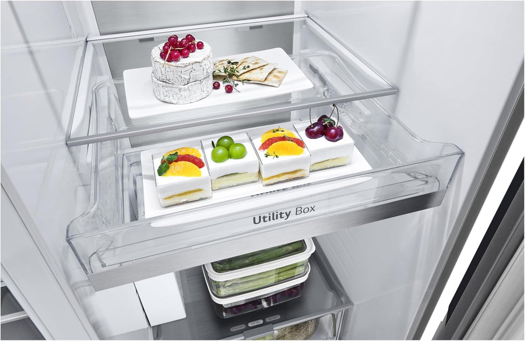 LG GSGV81PYLL Frigorifero Side by Side, Classe E, 635 L, Instaview, Frigorifero con congelatore, Dispenser ghiaccio, ghiaccio tritato, acqua, Total NoFrost, Smart Inverter Compressor, Wi-Fi