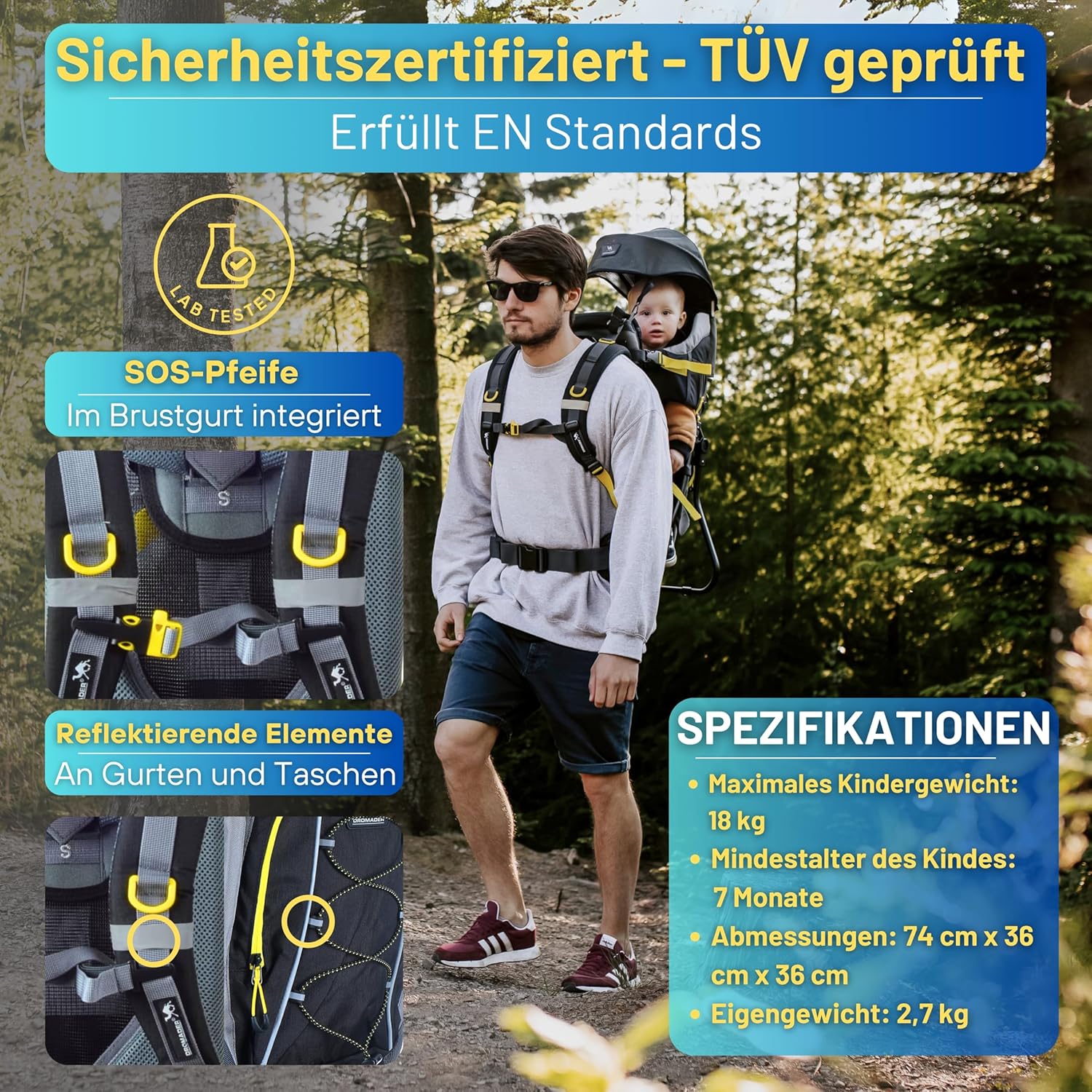 Dromader Kraxe Kindertrage bis 22kg – Kindertrage Wandern mit Sonnendach, Regenschutz, Thermotasche, Wickelmatte – Einhändig klappbare Rahmen – Blau