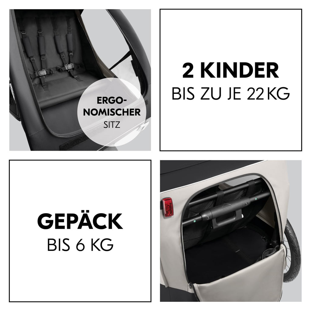 hauck Rimorchio Bici & Passeggino Dryk Duo Plus con Sospensioni, per 2 Bambini (6-48 mesi), incl. Timone, Ruota da Passeggino, Bandierina e Luce LED, Pieghevole, Regolabile in Altezza, Baule XL (Verde Scuro)