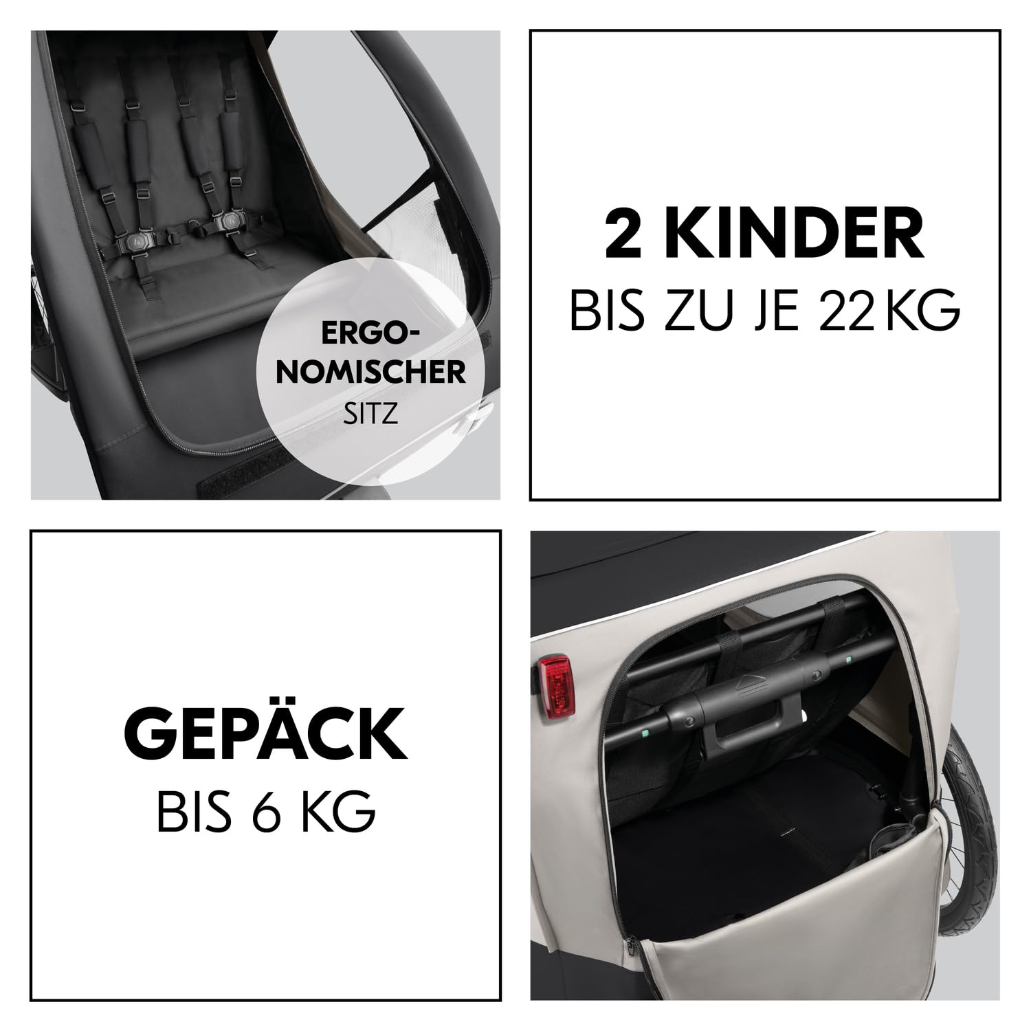 hauck Rimorchio Bici & Passeggino Dryk Duo Plus con Sospensioni, per 2 Bambini (6-48 mesi), incl. Timone, Ruota da Passeggino, Bandierina e Luce LED, Pieghevole, Regolabile in Altezza, Baule XL (Verde Scuro)