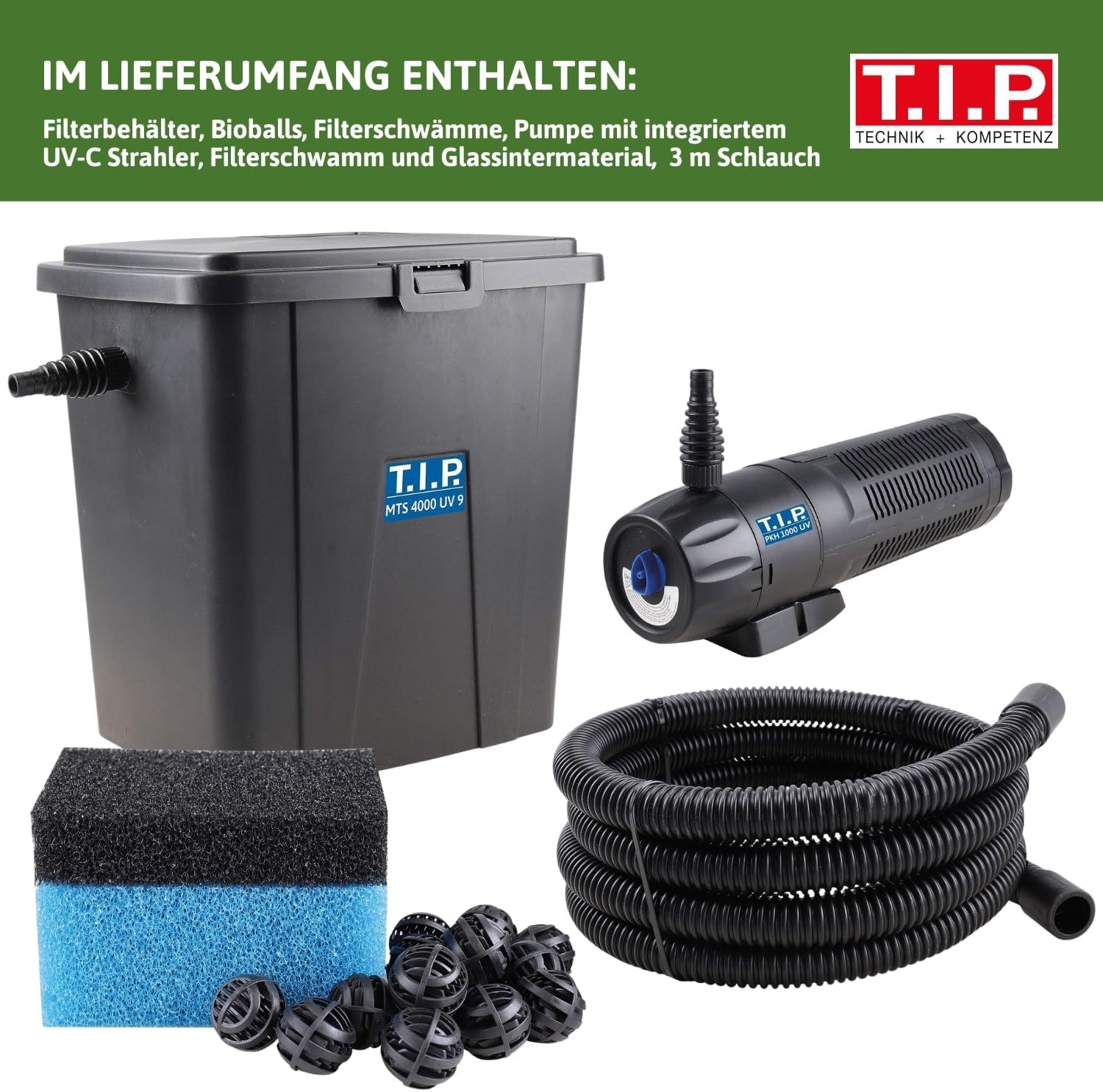T.I.P. Teichfilter - Teichaußenfilter-Set (20.000 l Teichvolumen, Wet-and-Dry Technologie, UV-C 18 W, Filterbehälter 70 l, inkl. Pumpe, UV-C Strahler, Schläuche, Filtermaterial) WDF 20000 UV 18, 30285