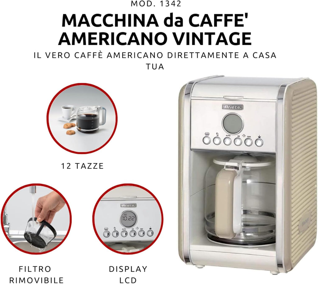 Ariete Vintage 1342 Macchina da Caffè Americano Retrò, Caraffa in Vetro Temperato, Fino a 12 Tazze, Timer 24 Ore, Spegnimento Automatico, Funzione Anti-Goccia, Piastra Riscaldante, Capacità 1.5 L, 2000 W, Verde