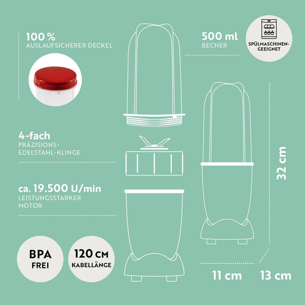 GOURMETmaxx Frullatore per Smoothie e Frullatore a Immersione Set da 18 pezzi - 400W | Frullatore Elettrico da 750ml, Mixer con 4 Bicchiere To-Go, 2 Lame, Spremiagrumi, Piedistallo e Coperchio | Lavabile in Lavastoviglie, a Prova di Perdite e Senza BPA