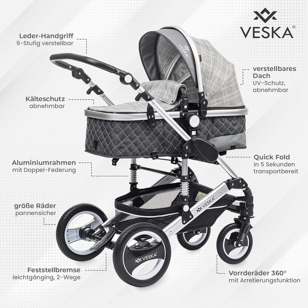 3 in 1 Kombi-Kinderwagen inkl. Babyschale, Buggy, Jogger mit Wickeltasche, Moskitonetz, Regencover, Spieltisch, Autoschale Fußsack, QuickFold, Aluminiumrahmen (Silber - anthrazit/grau)