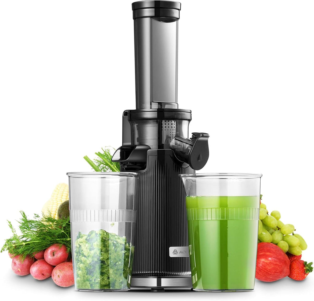 AOBOSI - Mini centrifuga a freddo con funzione masticazione inversa, spremiagrumi elettrico con spazzola e 2 tazze, multifunzione per frutta (nero, 45 mm)