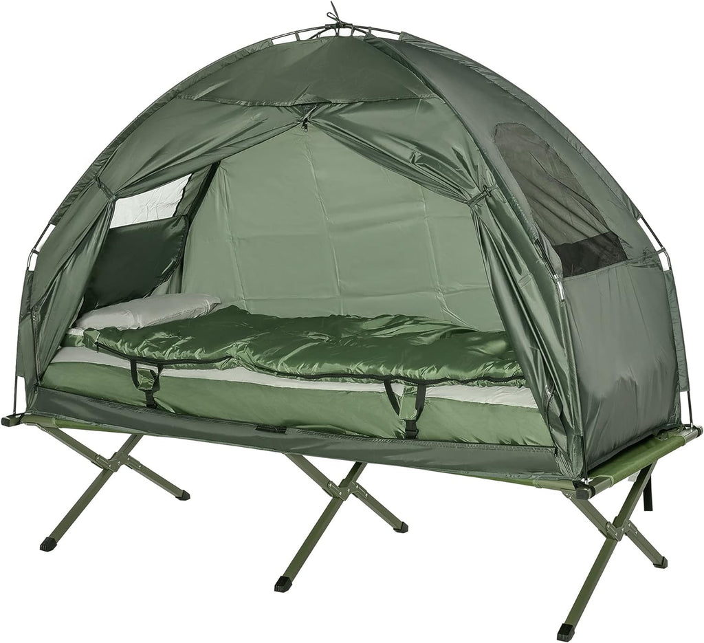Outsunny Lettino da campeggio 4 in 1 Set da campeggio con tenda Sacco a pelo Materasso pieghevole, Verde scuro