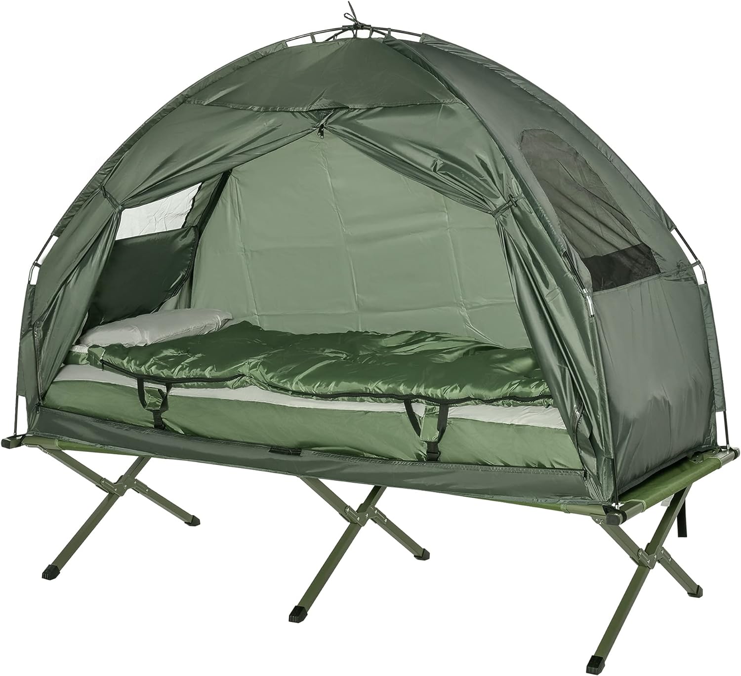 Outsunny Lettino da campeggio 4 in 1 Set da campeggio con tenda Sacco a pelo Materasso pieghevole, Verde scuro