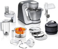Bosch Robot da cucina Serie 4 MUM56340, Ciotola 3,9 L, Frullatore 1,25 L, Tritacarne, Spremiagrumi, Movimento planetario, Gancio per impastare, Frusta, Sbattitore, Tagliaverdure continuo, 3 dischi, 900 W, Argento/Grigio