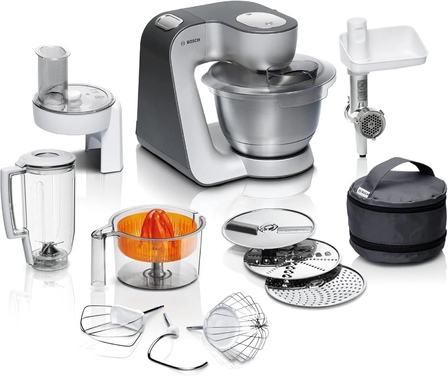 Bosch Robot da cucina Serie 4 MUM56340, Ciotola 3,9 L, Frullatore 1,25 L, Tritacarne, Spremiagrumi, Movimento planetario, Gancio per impastare, Frusta, Sbattitore, Tagliaverdure continuo, 3 dischi, 900 W, Argento/Grigio