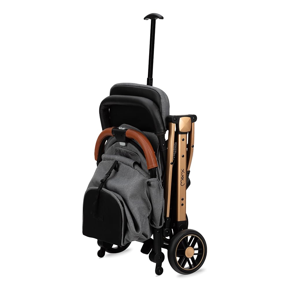 MOMI ESTELLE Kinderwagen für Kinder ab 6 Monat bis zu max körpergewicht von 15 kg, klappbar auf die Maße 65 x 51 x 21 cm, gewicht 7,5 kg, 5-Punkt-Sicherheitsgurt, koffer, grau-gold, Räder 6''/6,5''