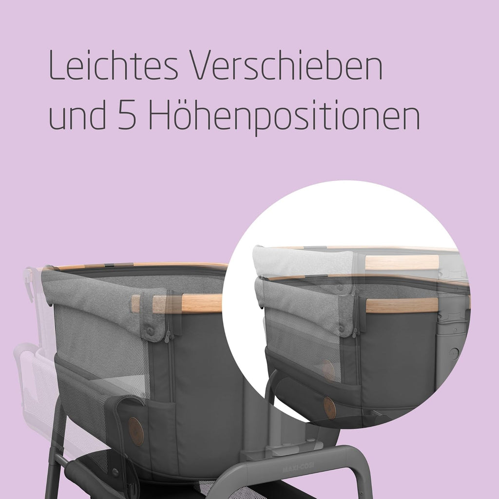 Maxi-Cosi Iora Beistellbett Baby, Faltbares Co-Sleeper, 0–6 Monate, max. 9 kg, 4 Neigungs- und 5 Höhenstufen, Leichtes Schieben, Bequeme Matratze, Großer Korb, Leicht zu Tragen, Essential Grey