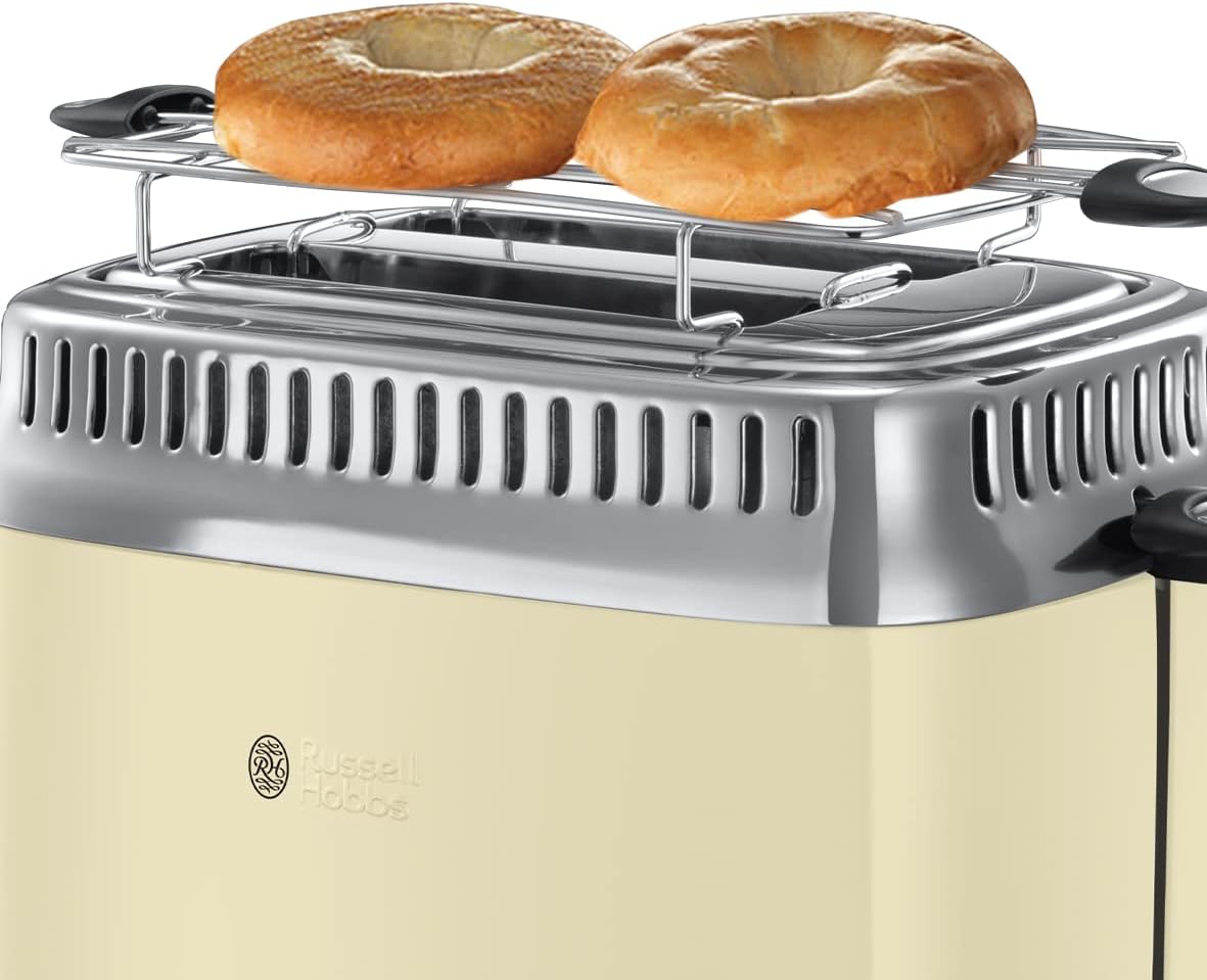 Russell Hobbs Toaster [für 2 Scheiben] Retro Edelstahl Creme (Countdown-Anzeige im Retrodesign, inkl. Brtchenaufsatz, 6 Brunungsstufen + Auftau- & Aufwrmfunktion, 1300W) Vintage 21682-56