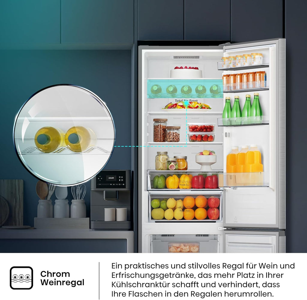 Hisense RB327N4ADD Frigorifero Combinato, Classe Energetica D, Total NoFrost, Porta Reversibile, Griglia Portabottiglie, Vano Frigo 171 Litri, Vano Congelatore 85 Litri, Look Acciaio Inox