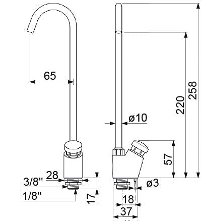 Selbstschlussarmatur für Trinkbrunnen Wasserstrahl einstellbar Ausladung 65mm 220mm 1/8' IG, 3/8' AG mit sofortiger Abschaltung