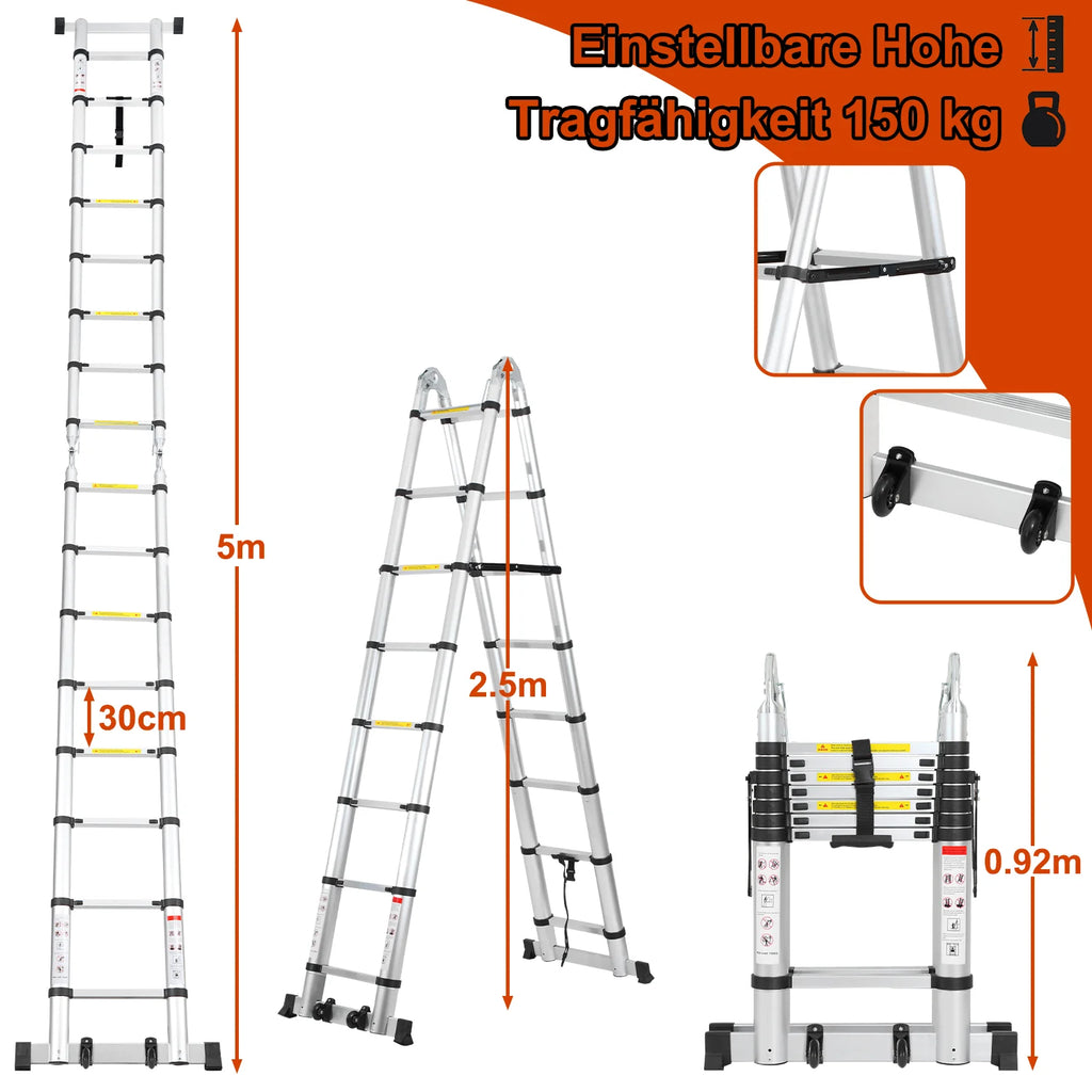Sonnewelt Scala telescopica in alluminio da 5 m, pieghevole, con ruote e stabilizzatore triangolare