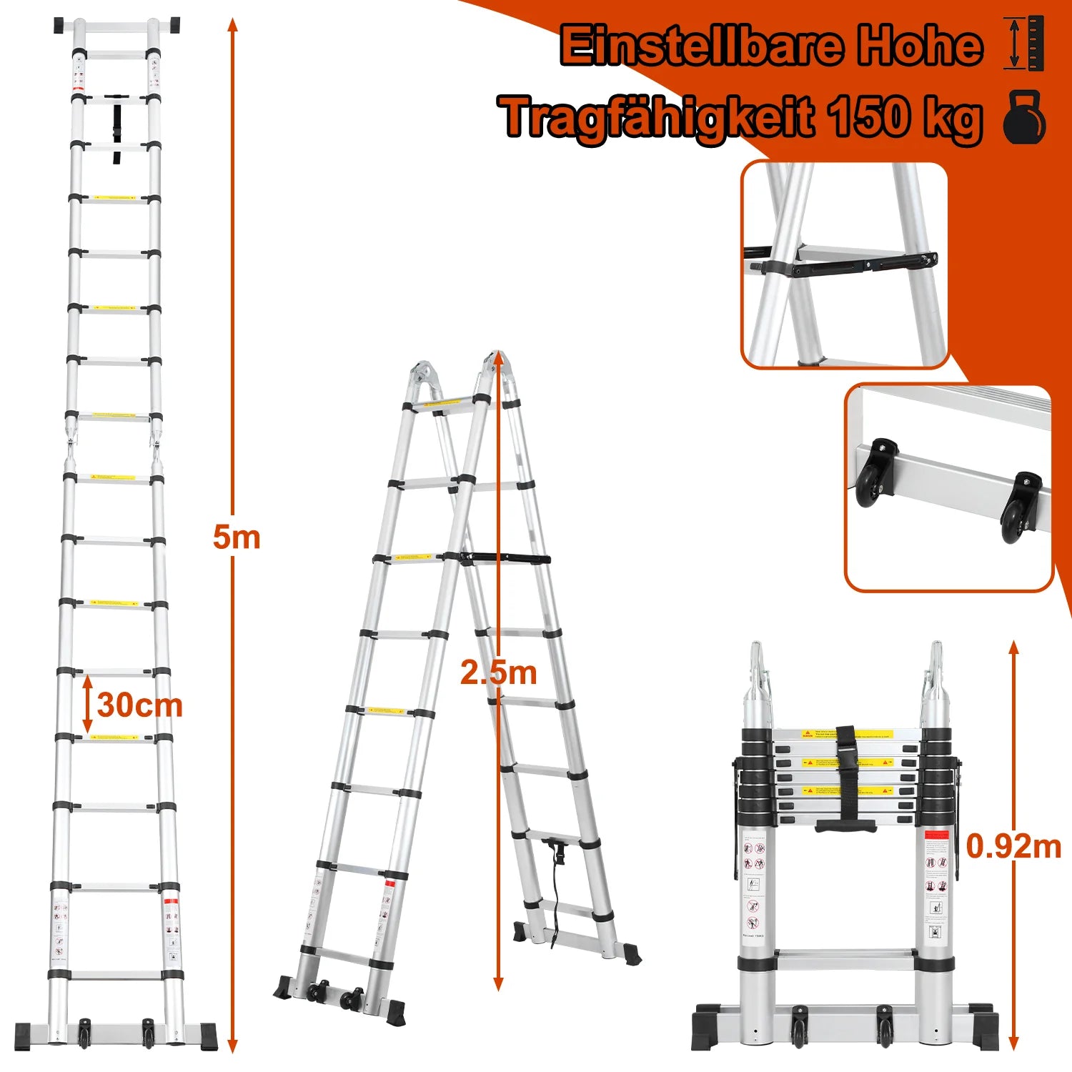 Sonnewelt Scala telescopica in alluminio da 5 m, pieghevole, con ruote e stabilizzatore triangolare