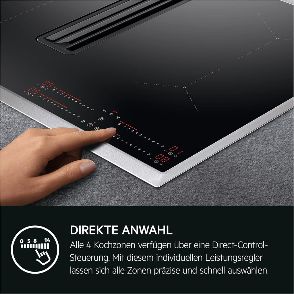 AEG piano cottura a induzione autonomo 80cm con cappa integrata / Prodotto in Germania / 4 zone cottura Flexi con funzione Bridge (combinazione di 2 zone) / Funzione automatica della cappa / Filtro a carbone attivo / COLI84COXB