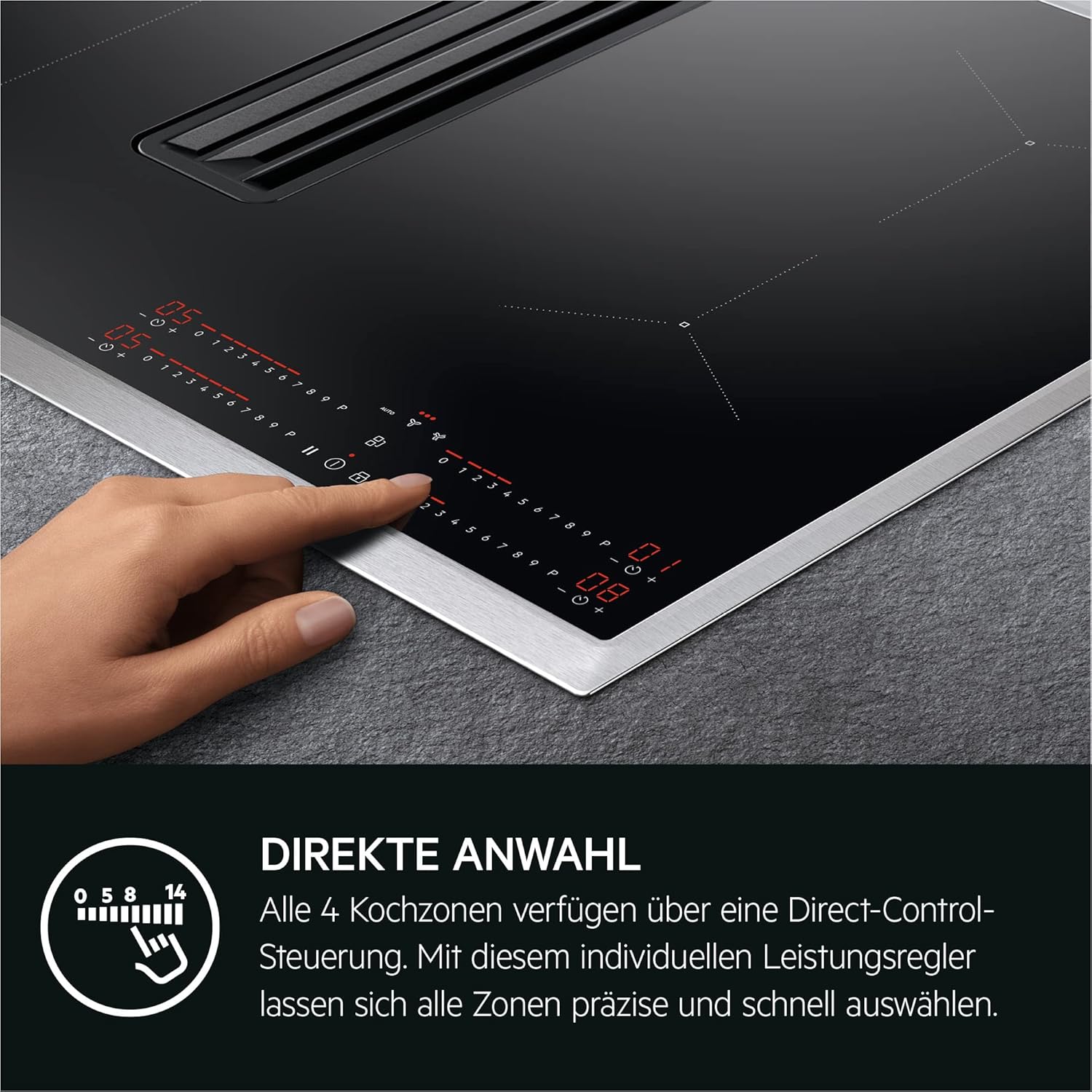 AEG piano cottura a induzione autonomo 80cm con cappa integrata / Prodotto in Germania / 4 zone cottura Flexi con funzione Bridge (combinazione di 2 zone) / Funzione automatica della cappa / Filtro a carbone attivo / COLI84COXB