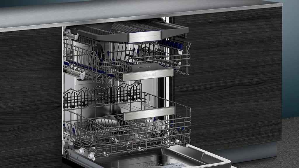 Siemens SN43ES14VE, lavastoviglie intelligente iQ300, lavastoviglie da incasso con cassetto portaposate, 60 cm, apertura automatica della porta grazie ad autoOpen dry, particolarmente silenziosa con motore iQdrive, aquaStop, acciaio inossidabile