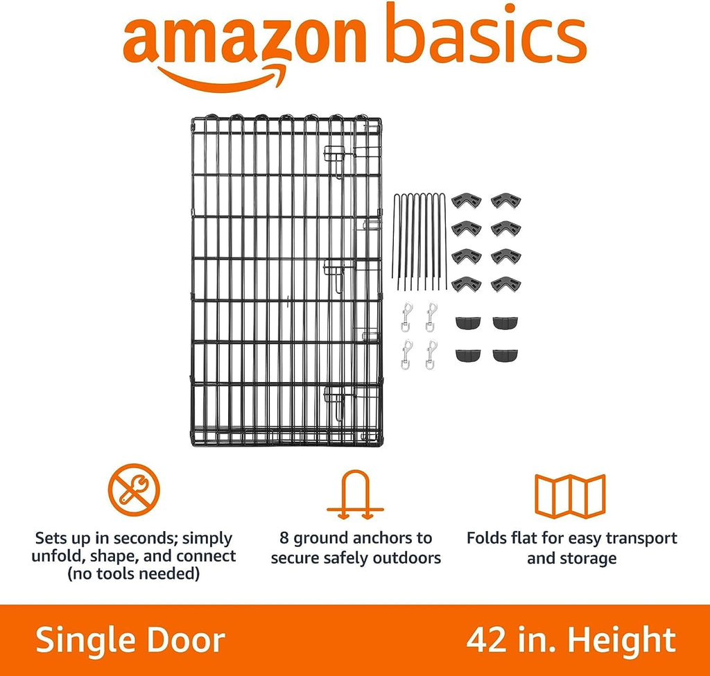 Amazon Basics - Achteckig, Laufgehege für Hunde und andere Haustiere, faltbar, Metall, mit Tür,122 cm, Schwarz