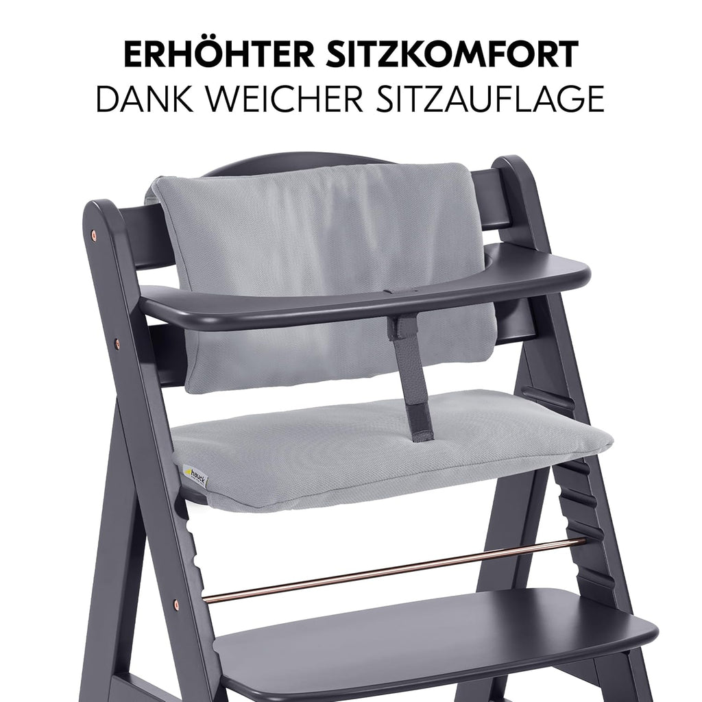 hauck Hochstuhl Alpha Plus Newborn Set mit 2in1 Bouncer - Mitwachsender Holz Babyhochstuhl ab Geburt, inkl. Sitzauflage & Neugeborenenaufsatz - Dark Grey