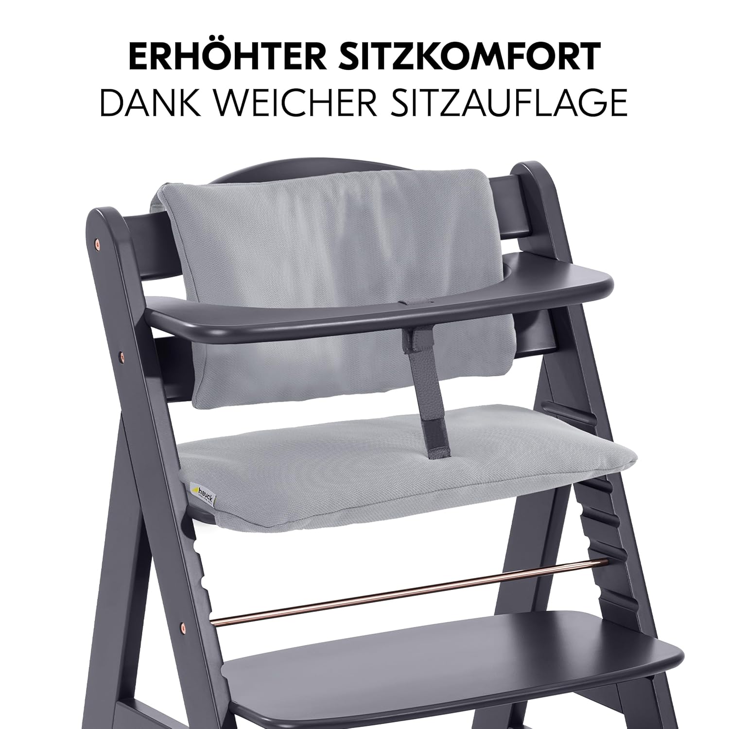 hauck Hochstuhl Alpha Plus Newborn Set mit 2in1 Bouncer - Mitwachsender Holz Babyhochstuhl ab Geburt, inkl. Sitzauflage & Neugeborenenaufsatz - Dark Grey