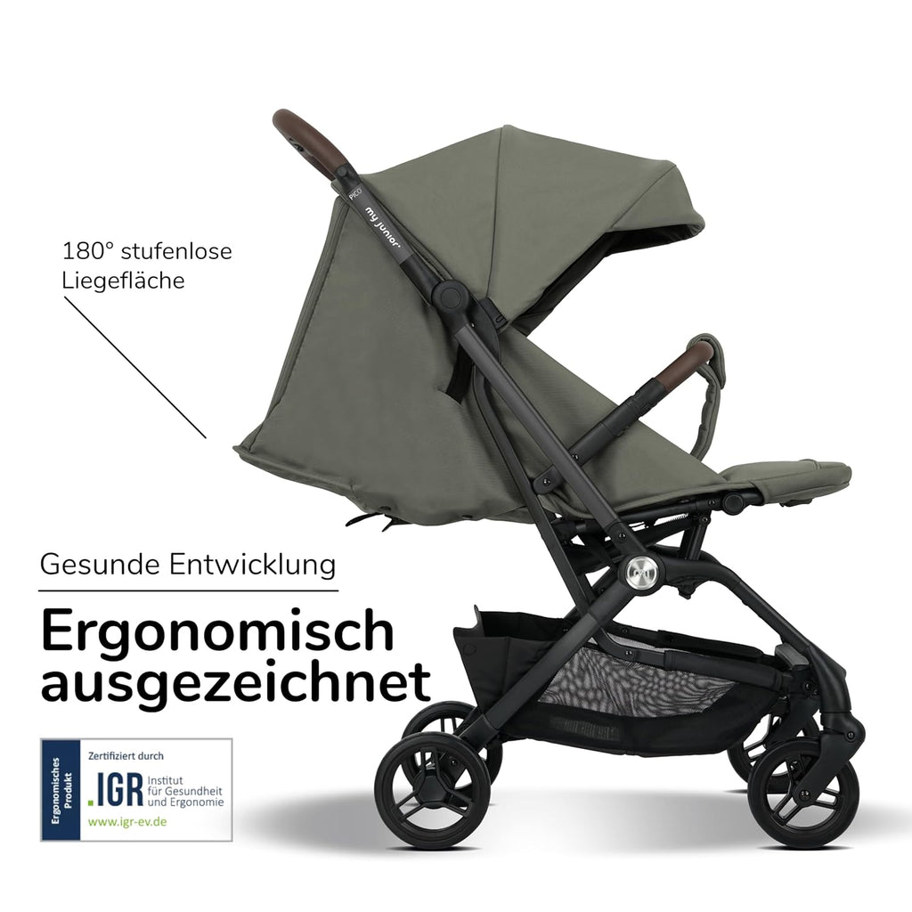 my junior® Buggy PICO³ | bis 22kg | Einhand AutoFold-Klappmechanismus | Ergonomische Liegeposition nach IGR e.V. | großes Sonnenverdeck UV50+ | Handgepäckmaß | 2 Belüftungsfenster Hazel - Black
