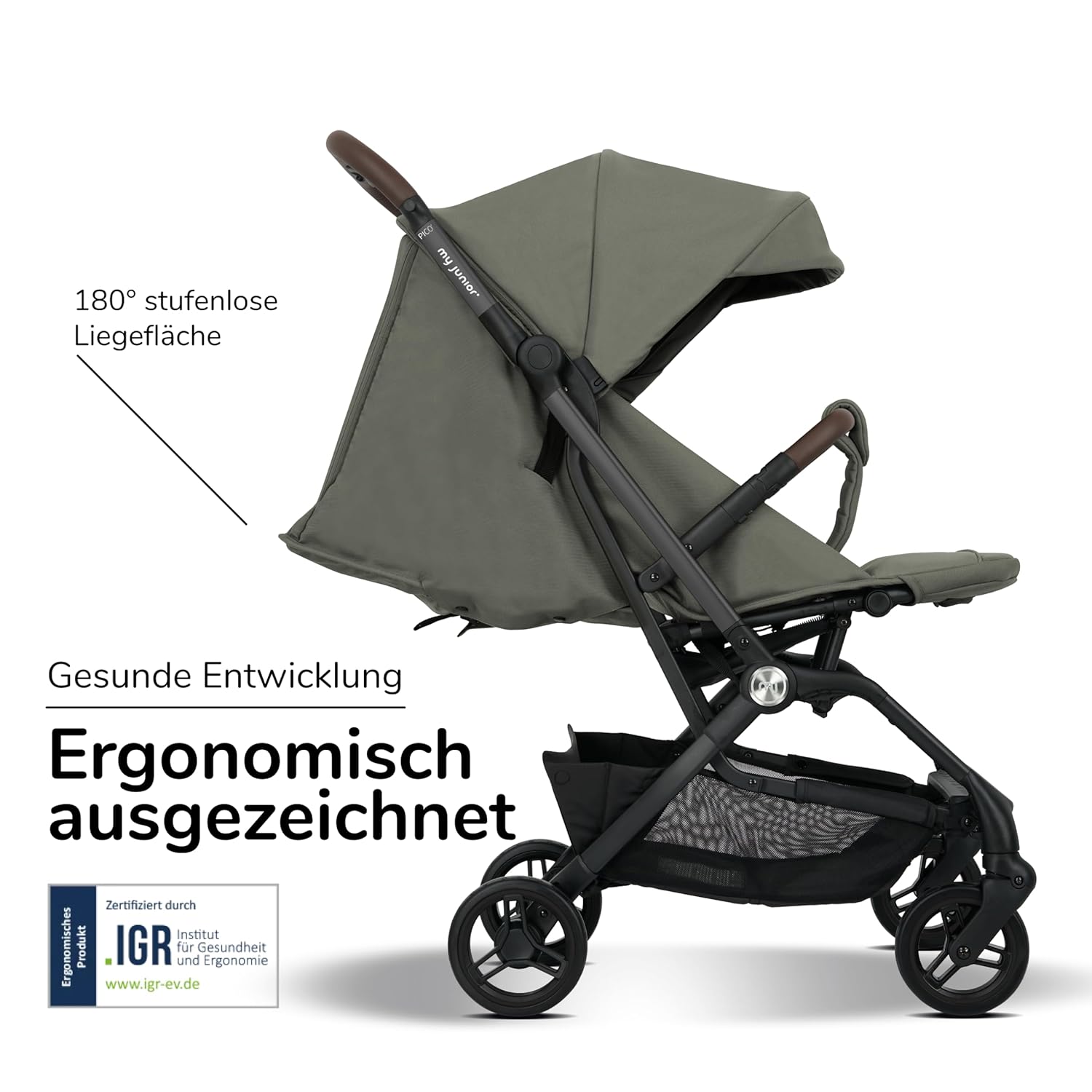 my junior® Buggy PICO³ | bis 22kg | Einhand AutoFold-Klappmechanismus | Ergonomische Liegeposition nach IGR e.V. | großes Sonnenverdeck UV50+ | Handgepäckmaß | 2 Belüftungsfenster Hazel - Black
