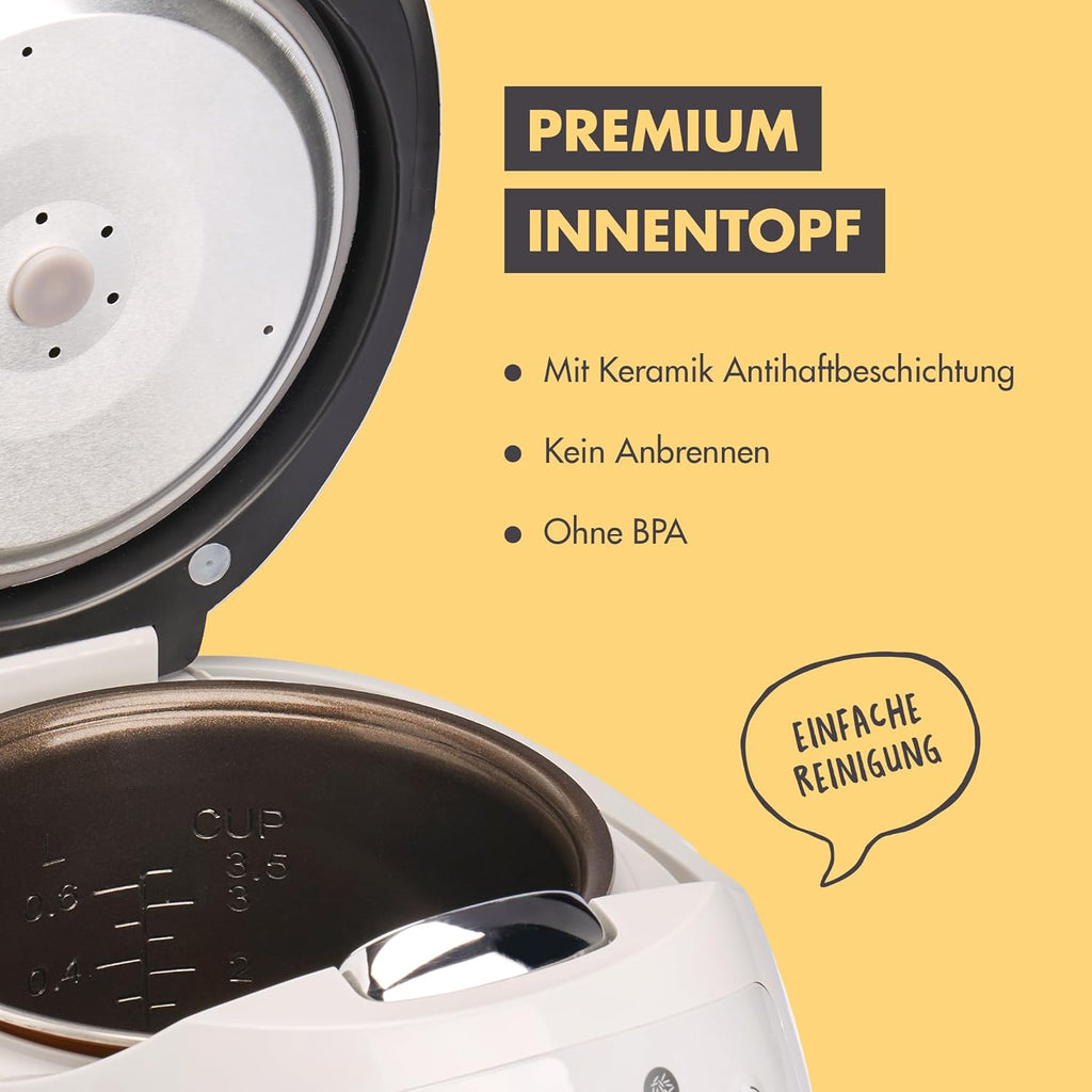REISHUNGER Cuociriso digitale piccolo, nero | Da 0,6 L fino a 3 persone | Funzione mantenimento calore, timer e pentola premium | Multicooker e vaporiera piccoli, 8 programmi, tecnologia a 7 fasi