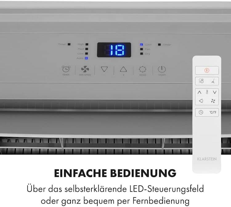 Klarstein Condizionatore Mobile con Tubo di Scarico, Climatizzatore 4 in 1, Ventilatore, Deumidificatore e Modalità Notturna, Condizionatore Piccolo e Portatile per Casa e Ufficio, Basso Consumo, 14000BTU
