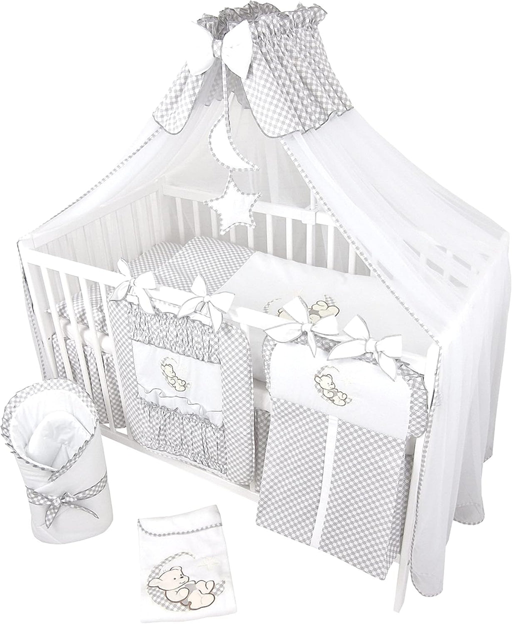Bello24 - Set completo di 16 pezzi per culla e biancheria da letto Happy Leo, con materasso regolabile in altezza per neonati e bambini piccoli, in legno massello (Grigio - Orsetto Luna)