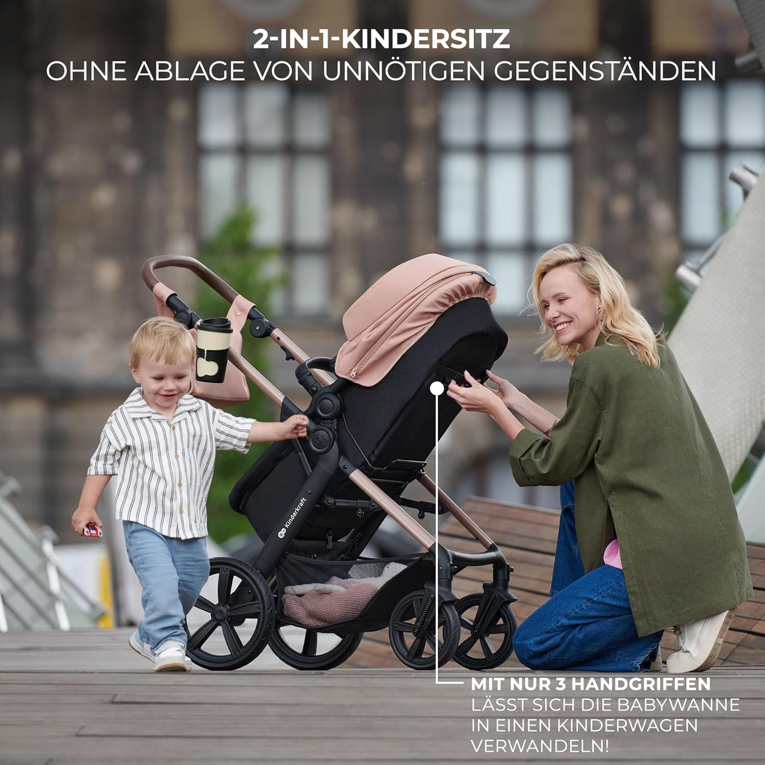 Kinderkraft MOOV2 AIR Passeggino 3 in 1 Set Passeggino fino a 26 kg con seggiolino auto I-SIZE 40-75 cm, funzione passeggino, schienale reclinabile, ampia capottina estensibile, ruote gonfiabili, nero