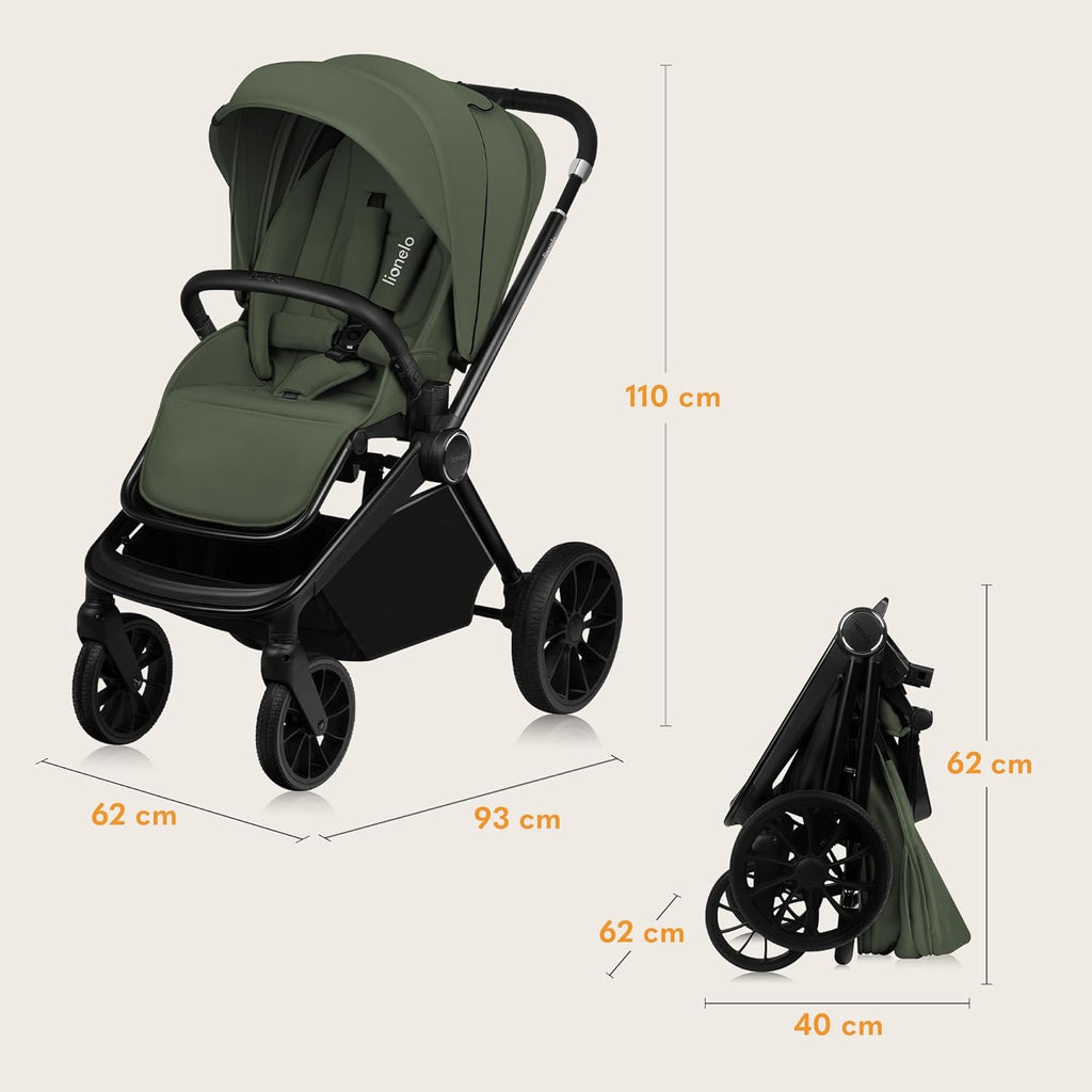 Passeggino LIONELO MIKA PLUS 3-in-1, da 0 a 48 mesi, fino a 22 kg, navicella fino a 9 kg, seggiolino auto fino a 13 kg, schienale regolabile, ammortizzazione, ruote a 360°, cappottina XXL