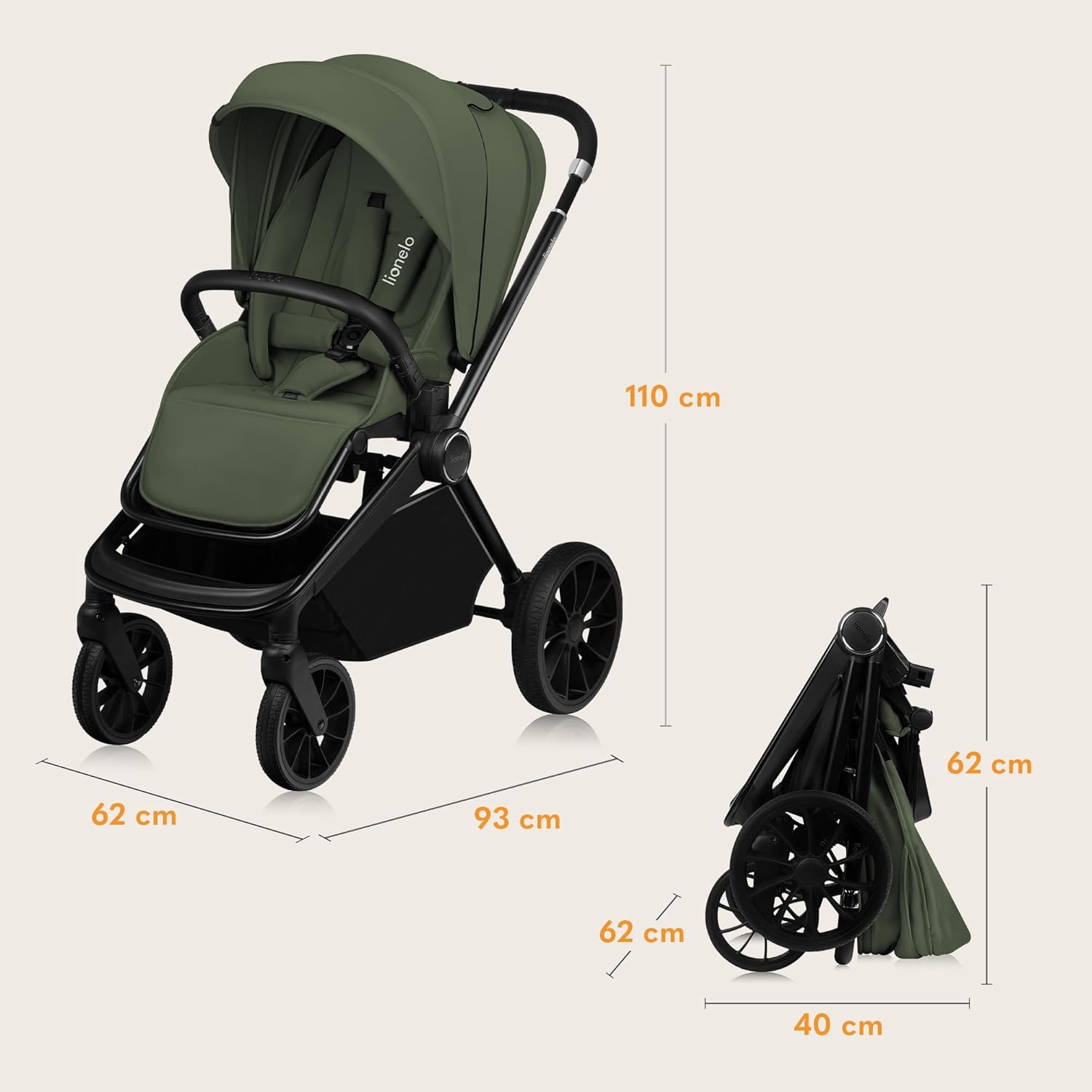 Passeggino LIONELO MIKA PLUS 3-in-1, da 0 a 48 mesi, fino a 22 kg, navicella fino a 9 kg, seggiolino auto fino a 13 kg, schienale regolabile, ammortizzazione, ruote a 360°, cappottina XXL