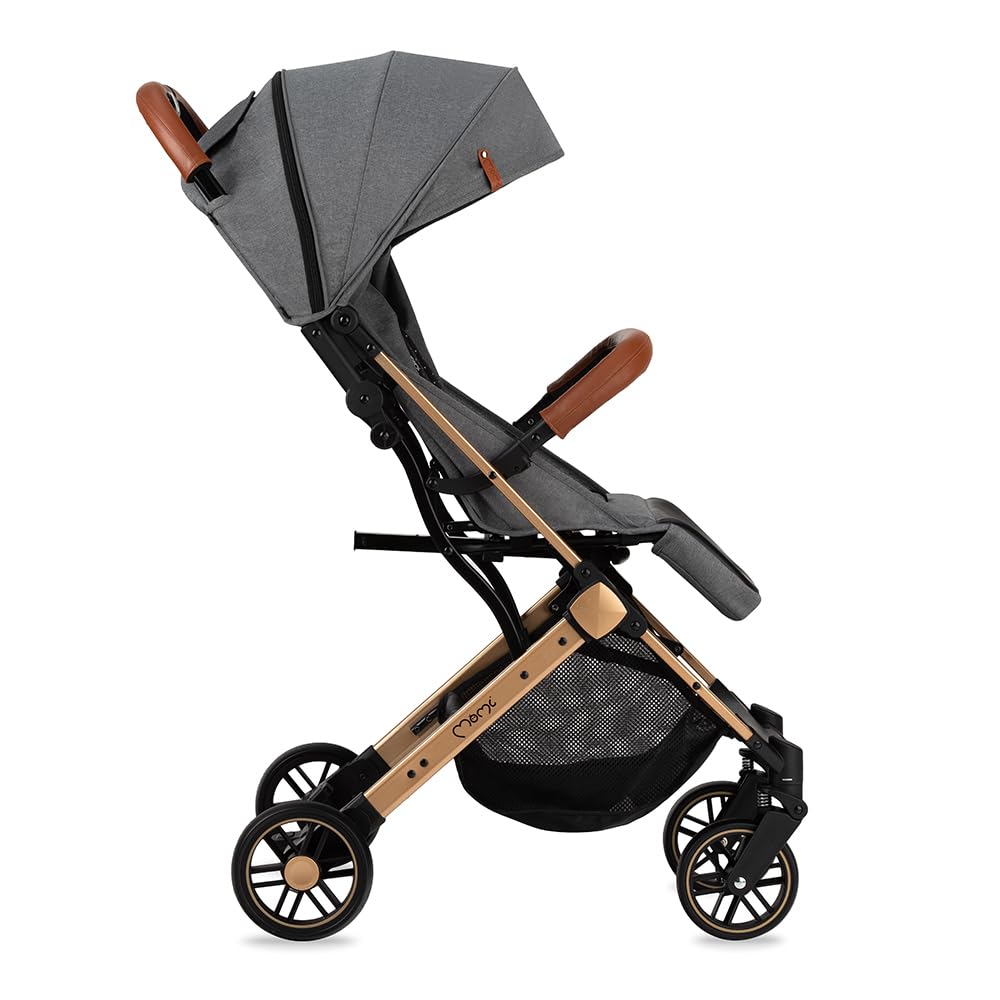 MOMI ESTELLE Kinderwagen für Kinder ab 6 Monat bis zu max körpergewicht von 15 kg, klappbar auf die Maße 65 x 51 x 21 cm, gewicht 7,5 kg, 5-Punkt-Sicherheitsgurt, koffer, grau-gold, Räder 6''/6,5''