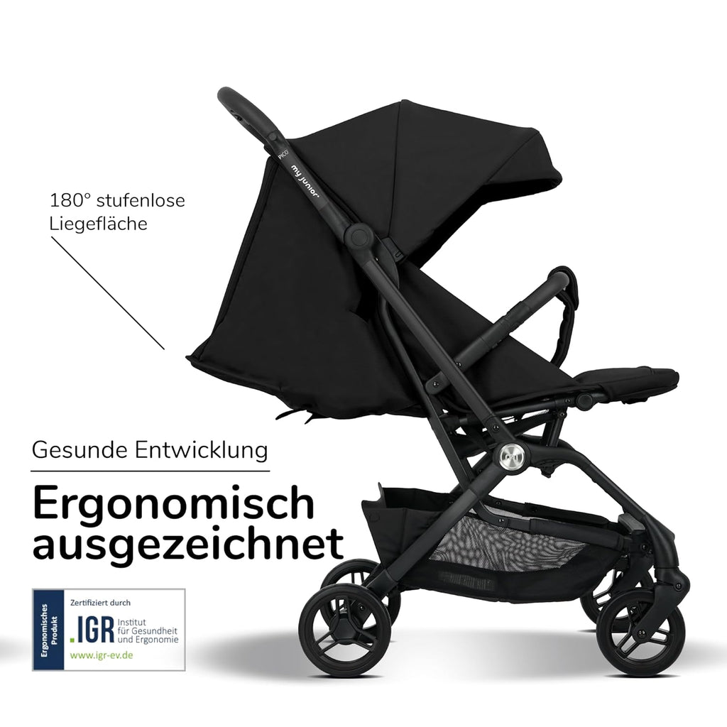 my junior® Buggy PICO³ | bis 22kg | Einhand AutoFold-Klappmechanismus | Ergonomische Liegeposition nach IGR e.V. | großes Sonnenverdeck UV50+ | Handgepäckmaß | 2 Belüftungsfenster Hazel - Black