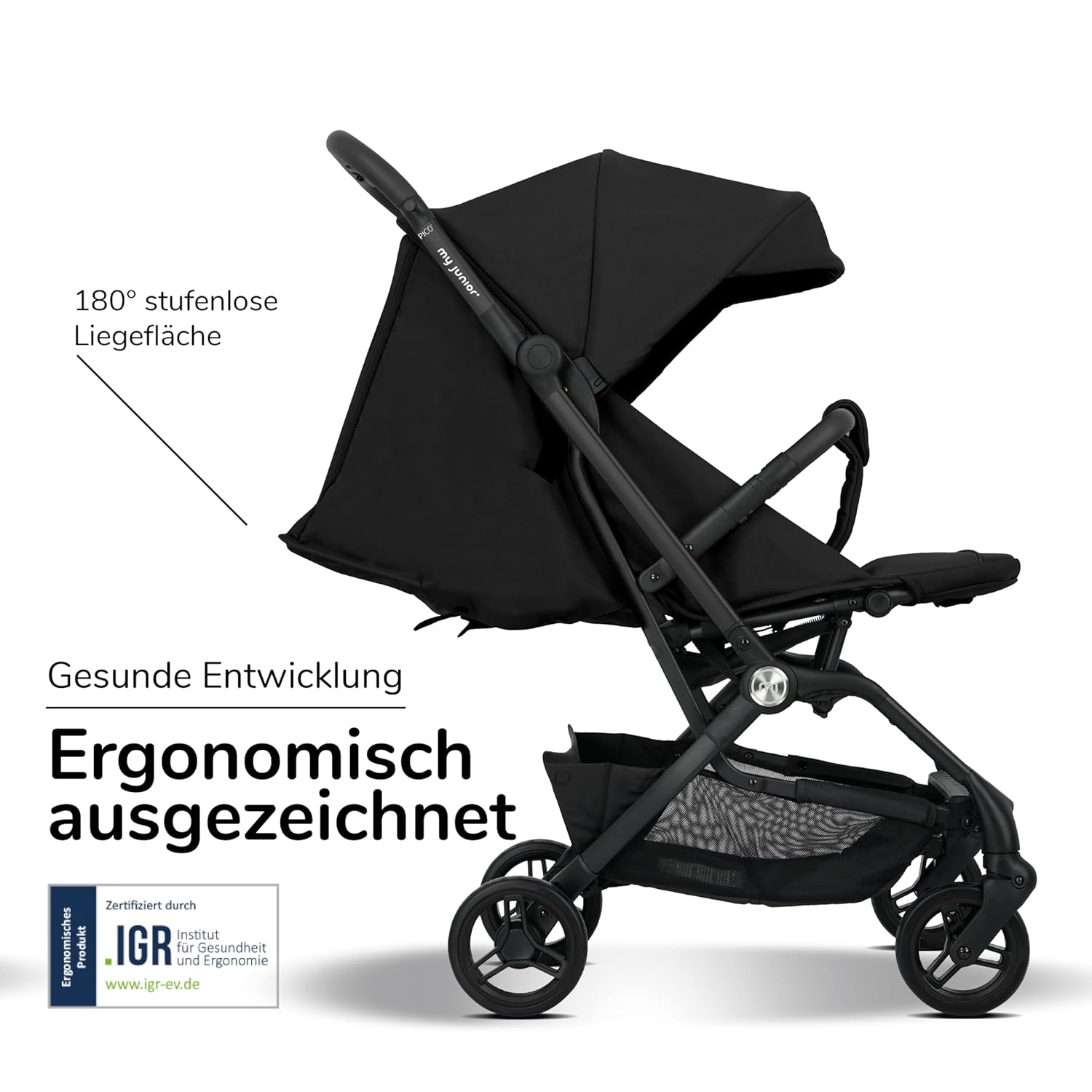 my junior® Buggy PICO³ | bis 22kg | Einhand AutoFold-Klappmechanismus | Ergonomische Liegeposition nach IGR e.V. | großes Sonnenverdeck UV50+ | Handgepäckmaß | 2 Belüftungsfenster Hazel - Black