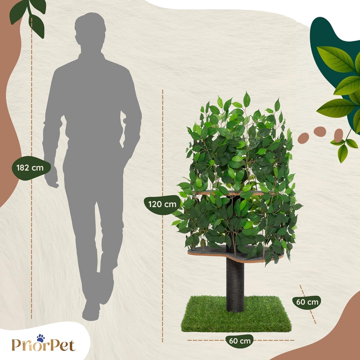 Tiragraffi albero naturale per arrampicarsi, nascondersi e dormire - grande con foglie intercambiabili - a più livelli, facile da montare - materiali sicuri per animali domestici, durevole e robusto albero per gatti brevettato
