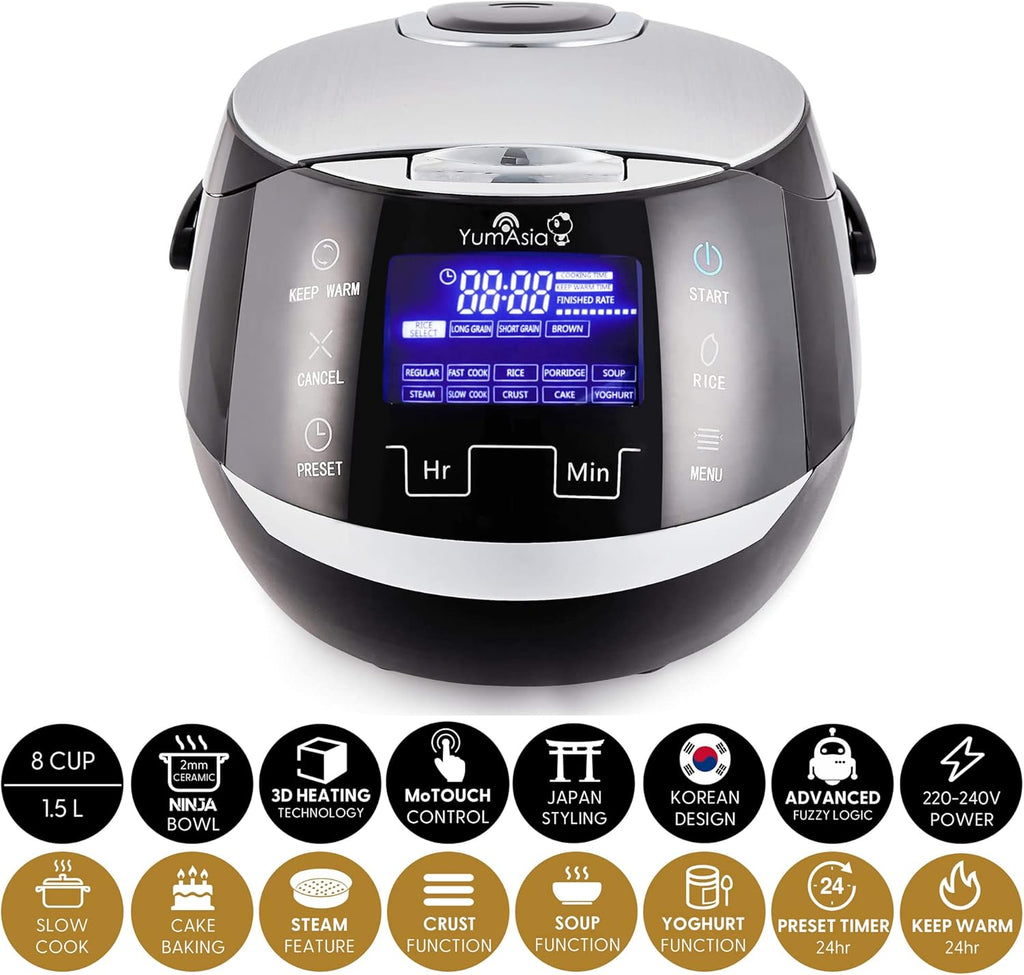 Yum Asia Sakura Cuociriso con Ciotola in Ceramica e Logica Fuzzy Avanzata (8 tazze, 1,5 litri), 6 Funzioni di Cottura Riso, 6 Funzioni Multicooker, Display LED Motouch, 220-240V EU (Nero e Argento)
