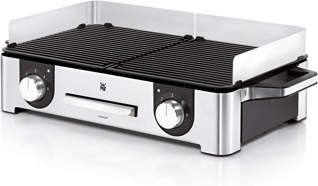 WMF Lono Master-Grill, Grill Elettrico, 50x28 cm, Grill Elettrico da Tavolo con Paravento e Vaschetta Raccogligocce, Certificato per Esterni per Barbecue, 2 Superfici di Cottura Regolabili Separatamente, 2400 W, Acciaio Inossidabile Opaco