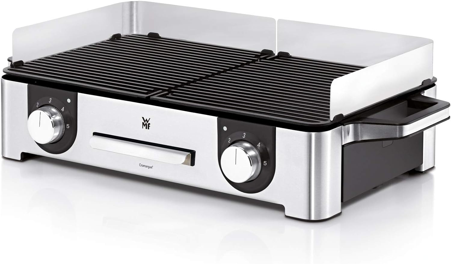 WMF Lono Master-Grill, Grill Elettrico, 50x28 cm, Grill Elettrico da Tavolo con Paravento e Vaschetta Raccogligocce, Certificato per Esterni per Barbecue, 2 Superfici di Cottura Regolabili Separatamente, 2400 W, Acciaio Inossidabile Opaco