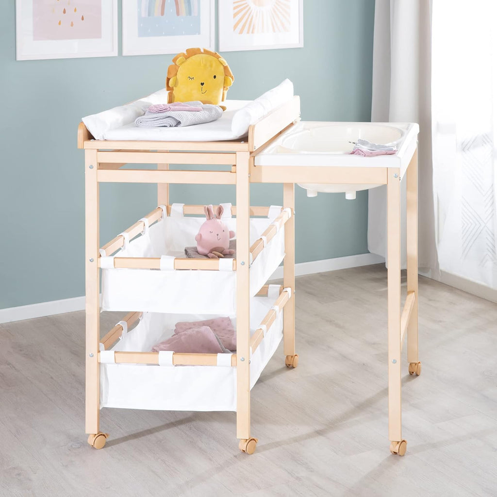 roba Fasciatoio da Bagno Combinato + Materassino Fasciatoio Style grigio - Fasciatoio Mobile Combinato con Vasca Integrata - con piano fasciatoio estraibile - Legno bianco