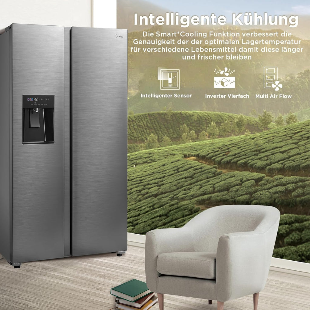 Midea KS-DDX 6.32 WT Frigorifero Side-by-Side con Congelatore/Altezza 178,8 cm/254 kWh/anno/No Frost/Compressore Dual Inverter/con Distributore di Acqua e Ghiaccio 3-in-1 e Serbatoio d'Acqua, Inox Scuro