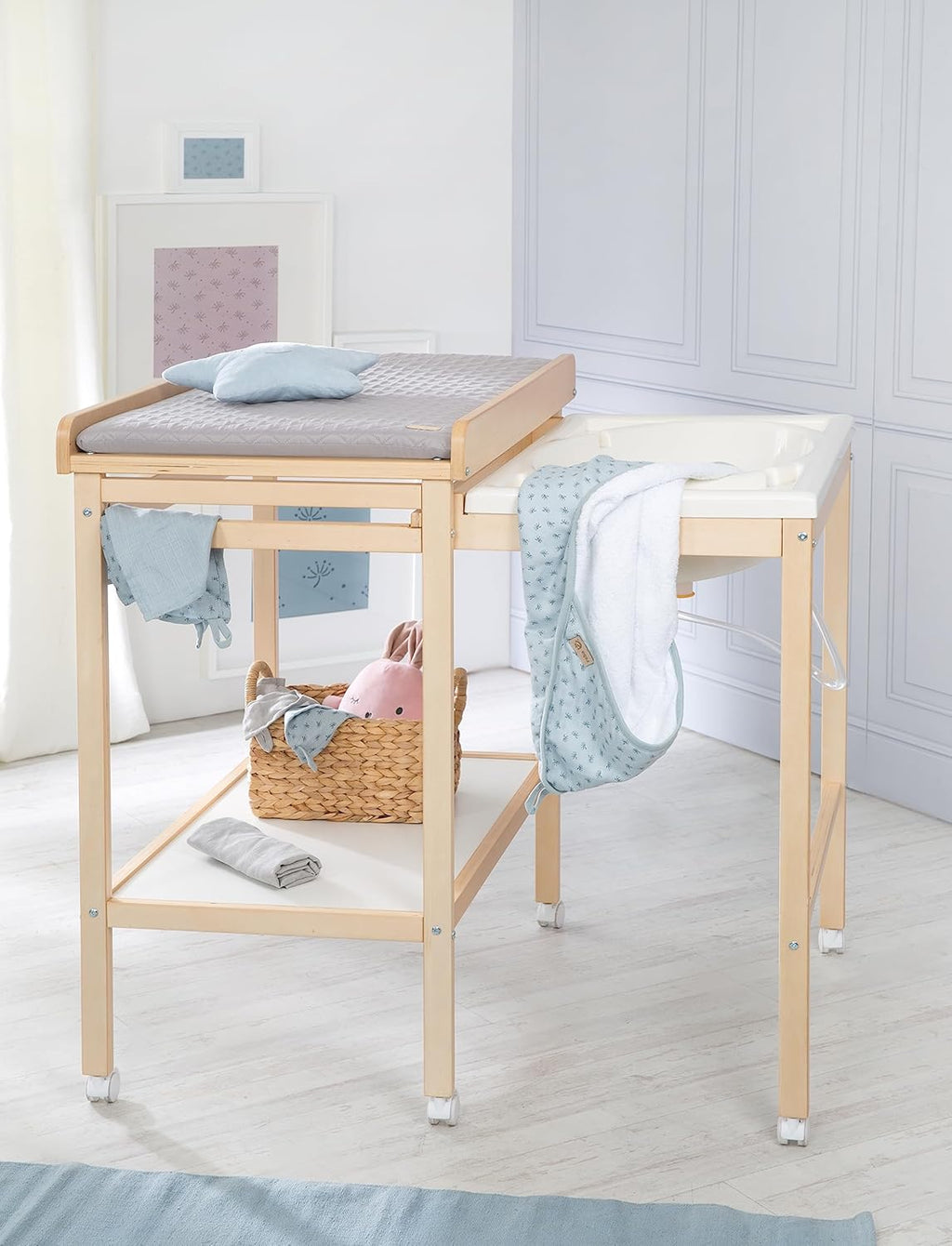 roba Fasciatoio da Bagno Combinato + Materassino Fasciatoio Style grigio - Fasciatoio Mobile Combinato con Vasca Integrata - con piano fasciatoio estraibile - Legno bianco