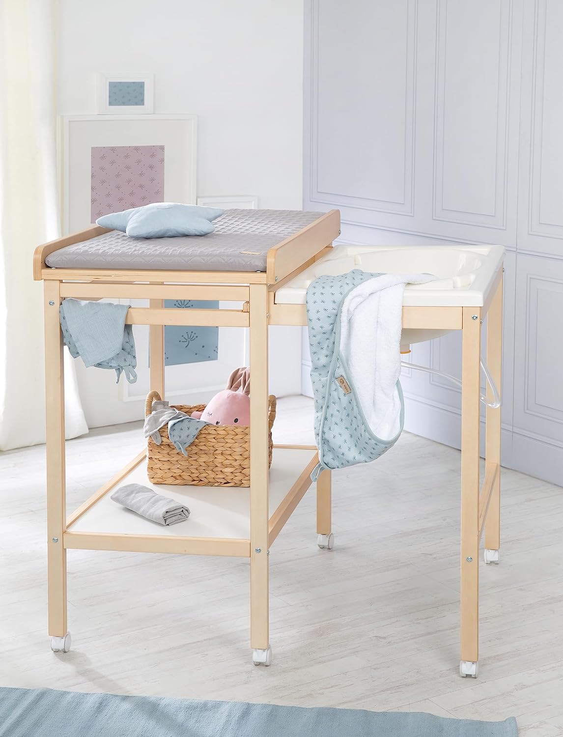 roba Fasciatoio da Bagno Combinato + Materassino Fasciatoio Style grigio - Fasciatoio Mobile Combinato con Vasca Integrata - con piano fasciatoio estraibile - Legno bianco