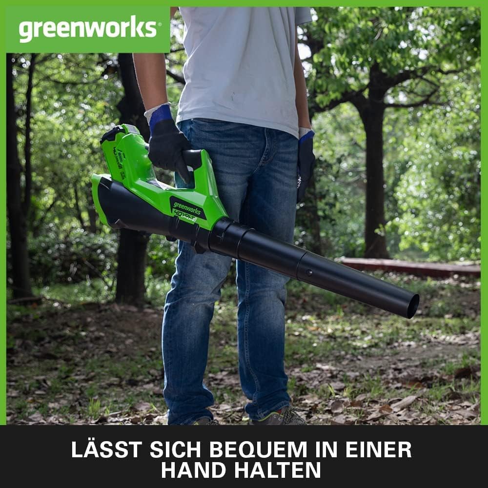 Greenworks G40ABK2 Axial Laubblser mit Tempomat, 177 km/h, 11,05 m/min, 40V 2Ah Batterie & Ladegert, 3 Jahre Garantie