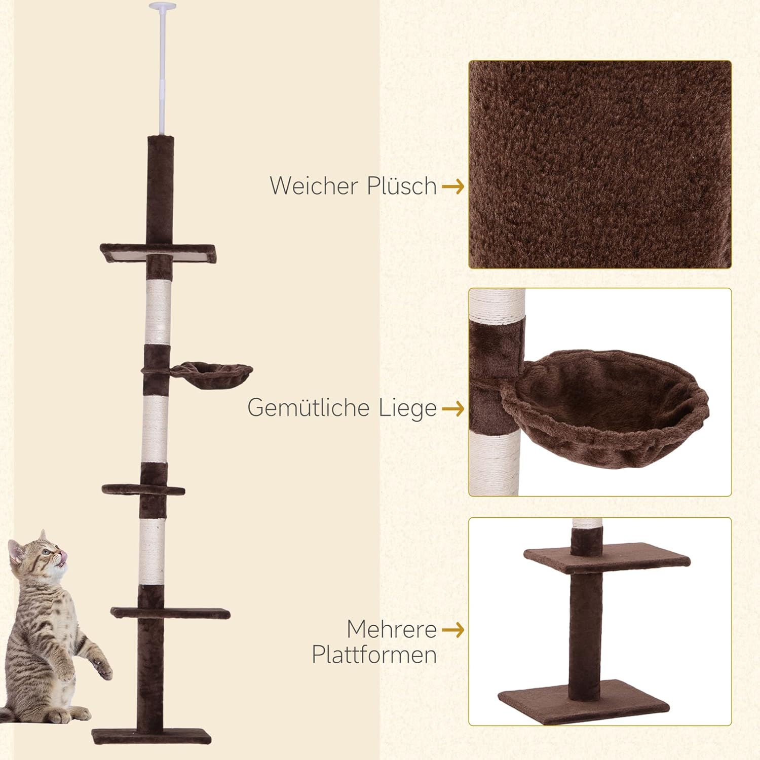PawHut Katzenbaum mit Laufrad 4-Stock Kratzbaum Katzenhaus mit Sisalsäulen Katzenhöhle Kiefernholz Natur 80 x 50 x 143 cm