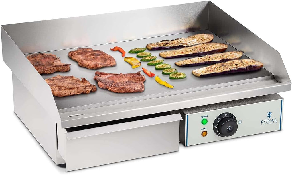 Royal Catering Grillplatte elektrisch Elektrogrill Gastronomie Tischgrill Edelstahl RCEG-55 (3000 W, 55x35 cm, 30-300°C, glatt, Gehäuse aus Edelstahl) Silber